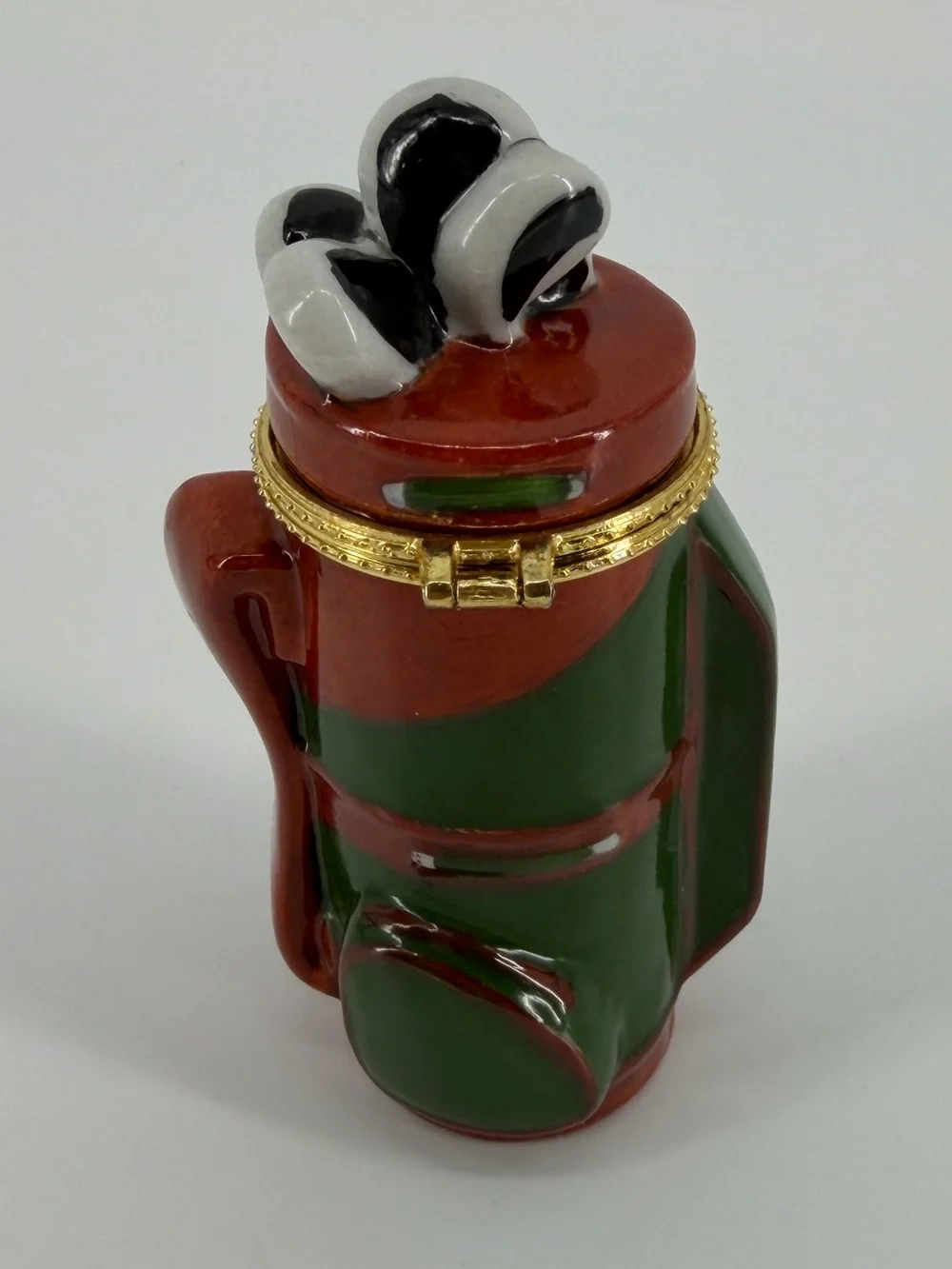 Vintage Golf Bag & Clubs Porcelain Hinged Trinket Box in Green Brown Gold